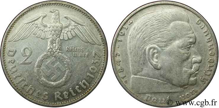 GERMANIA 2 Reichsmark aigle surmontant une swastika / Maréchal Paul von Hindenburg 1937 Karlsruhe - G BB 