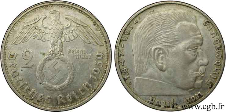 DEUTSCHLAND 2 Reichsmark aigle surmontant une swastika / Maréchal Paul von Hindenburg 1939 Karlsruhe - G VZ 