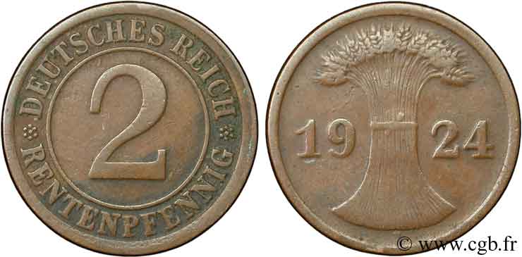 ALEMANIA 2 Rentenpfennig gerbe de blé 1924 Berlin BC+ 