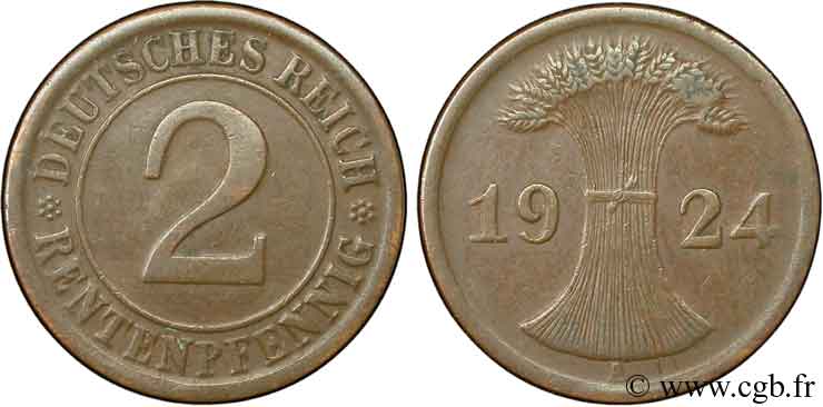 ALEMANIA 2 Rentenpfennig gerbe de blé 1924 Berlin MBC 