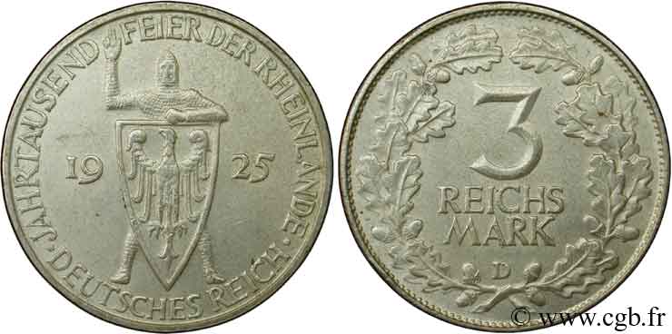 DEUTSCHLAND 3 Mark chevalier - 1000e anniversaire Confédération du Rhin 1925 Munich - D VZ 
