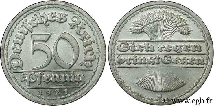 GERMANIA 50 Pfennig gerbe de blé “sich regen bringt segen“ 1921 Hambourg - J MS 