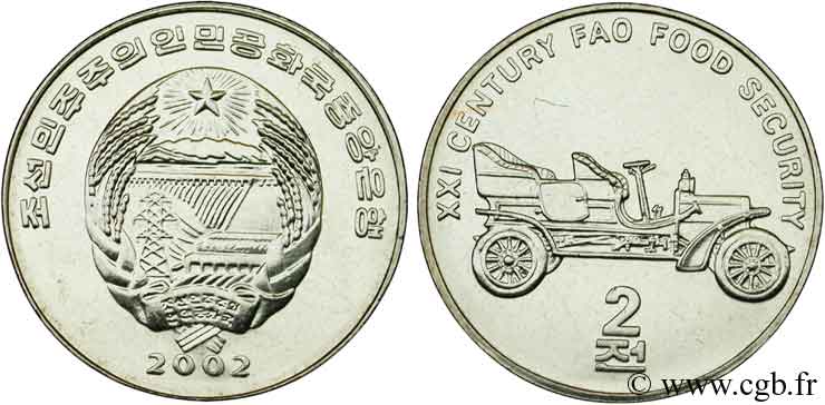 COREA DEL NORD 2 Chon emblème / FAO automobile ancienne découverte 2002  MS 