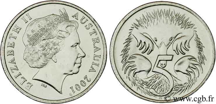 AUSTRALIA 5 Cents Elisabeth II / echidna australien (Tachyglossus aculeatus) 2001  MS 