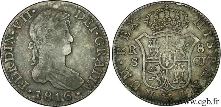 ESPAÑA 8 Reales Ferdinand VII tête laurée S-CJ 1816 Ségovie - S BC+ 