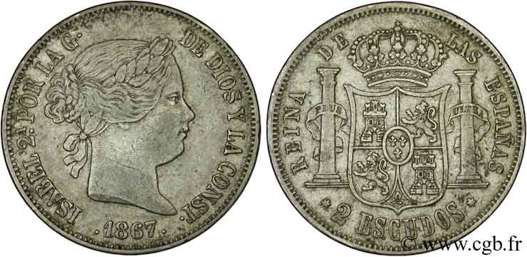 ESPAÑA 2 Escudos Isabelle II  1867 Madrid MBC 