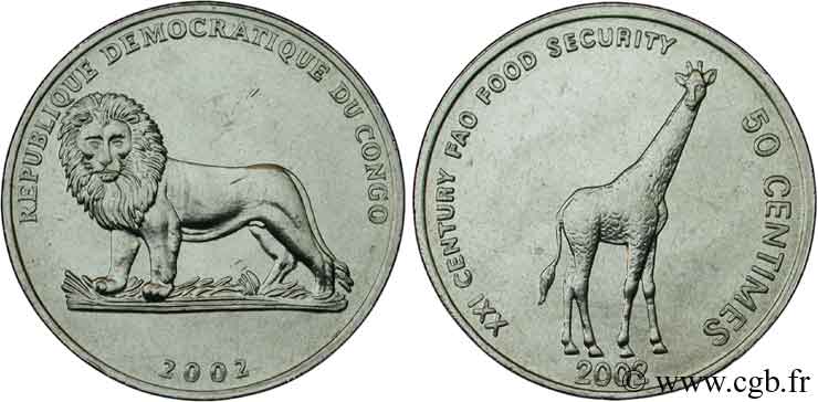 REPúBLICA DEMOCRáTICA DEL CONGO 50 Centimes Lion / Girafe 2002  SC 
