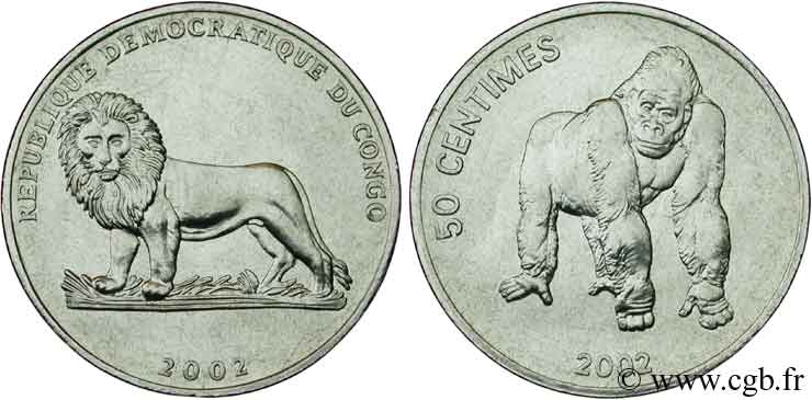 DEMOKRATISCHE REPUBLIK KONGO 50 Centimes Lion / Gorille 2002  fST 