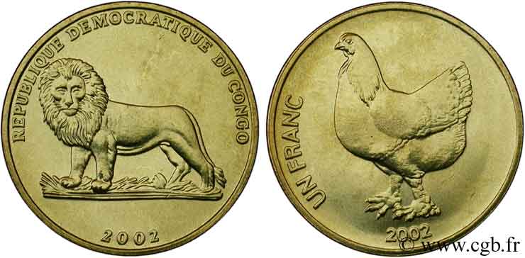 REPUBBLICA DEMOCRATICA DEL CONGO 1 Franc Lion / Poule 2002  MS 