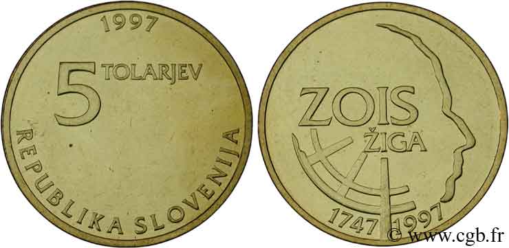 ESLOVENIA 5 Tolarjev 250e anniversaire du géologue et philanthrope Ziga Zois 1997  SC 