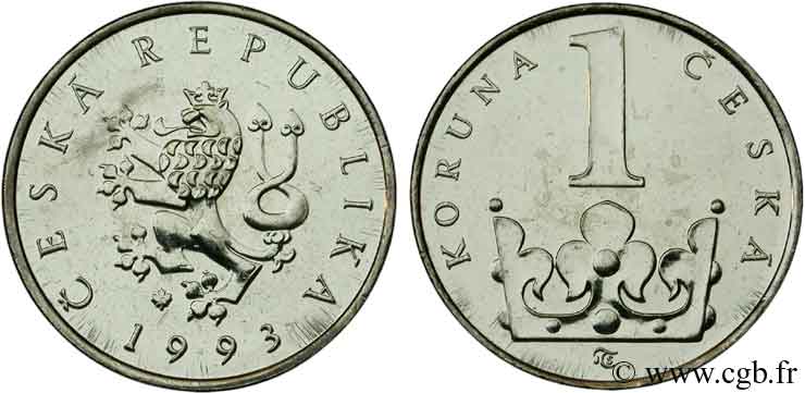 CZECH REPUBLIC 1 Koruna lion tchèque / couronne 1993 Royal Canadian Mint, Winnipeg MS 