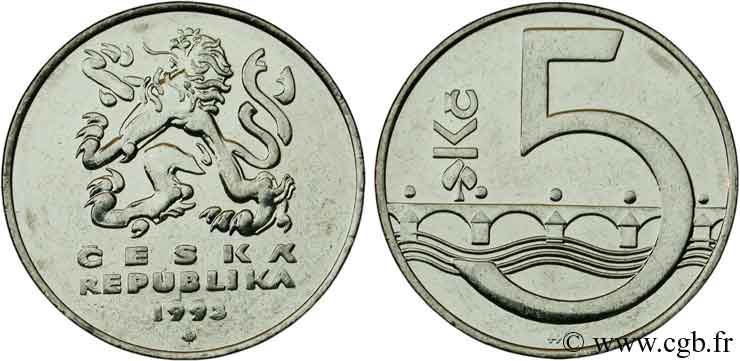 CZECH REPUBLIC 5 Korun lion tchèque / pont Charles de Pragues 1993 Royal Canadian Mint, Winnipeg MS 