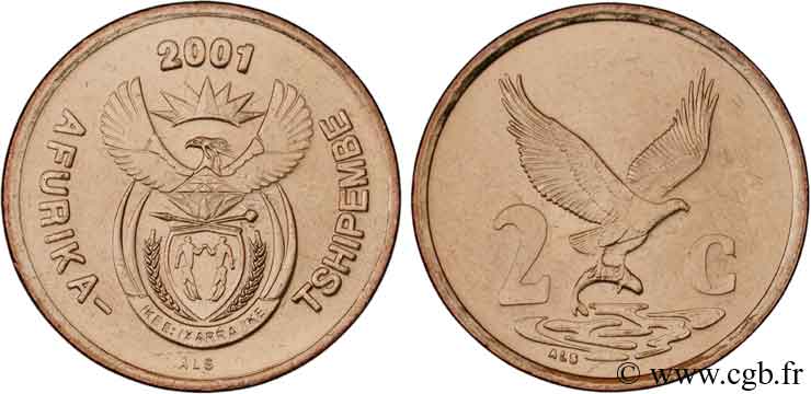 SOUTH AFRICA 2 Cents emblème / aigle plongeur d’Afrique 2001  MS 