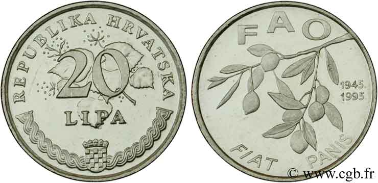 CROAZIA 20 Lipa série FAO branche d’olivier 1995  MS 