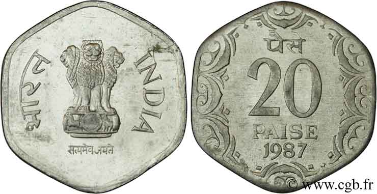 INDIEN
 20 Paise lions stylisés 1987 Calcutta VZ 