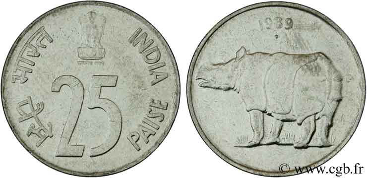 INDIEN
 25 Paise lions stylisés rhinocéros 1989 Bombay fST 