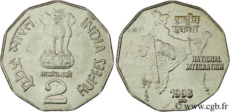 INDIA 2 Roupies lions stylisés / carte de l’Inde 1998 Prétoria MS 