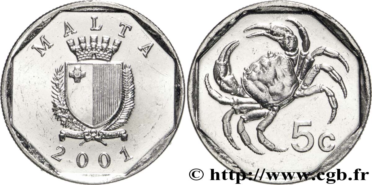 MALTE 5 Cents emblème / crabe 2001  SPL 