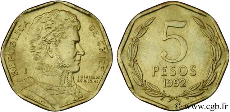 CHILE
 5 Pesos Bernardo O’Higgins 1992 Santiago - S° fST 