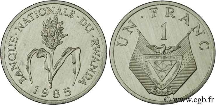 RUANDA 1 Franc emblème / mil 1985  fST 