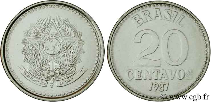 BRÉSIL 20 Centavos emblème 1987  SPL 