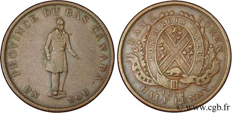 CANADá
 1 Sou (1/2 Penny) Province du Bas Canada, Québec 1837 Boulton & Watt MBC 