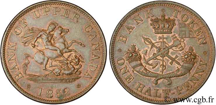 CANADA 1/2 Penny token Province du Haut Canada St Georges terrassant le dragon 1852 Heaton AU 