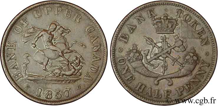 CANADA 1/2 Penny token Province du Haut Canada St Georges terrassant le dragon 1857 Heaton AU 