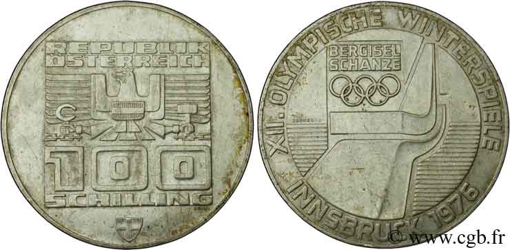 AUSTRIA 100 Schilling J.O. d’hiver d’Innsbruck 1976 - tremplin olympique, bouclier de l’atelier de Vienne 1974 Vienne MBC+ 