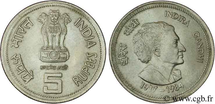 INDIA 5 Roupies 3 lions / Indira Gandhi 1985 Bombay AU 