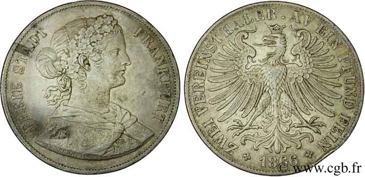 GERMANIA - LIBERA CITTA DE FRANCOFORTE 2 Thaler - Francfort femme / aigle 1866  q.BB 