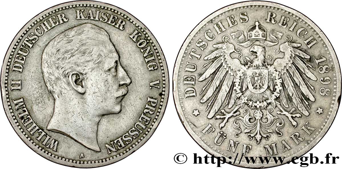 GERMANIA - PRUSSIA 5 Mark  - Royaume de Prusse Guillaume II / aigle 1898 Berlin BB 