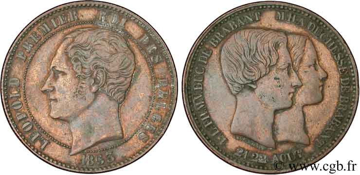 BELGIUM 10 Centimes Mariage du Duc et de la Duchesse de Brabant 1853  XF 