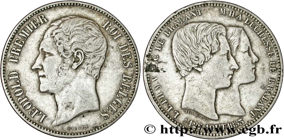 BELGIEN 5 Francs mariage du Duc et de la Duchesse de Brabant 1853  SS 