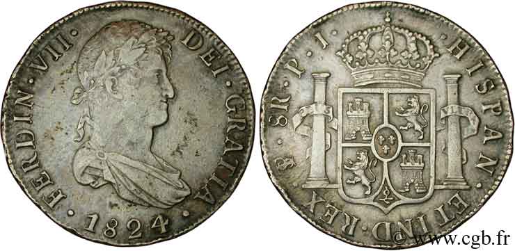 BOLIVIA 8 Reales Ferdinand VII tête laurée 1824 Potosi BB 
