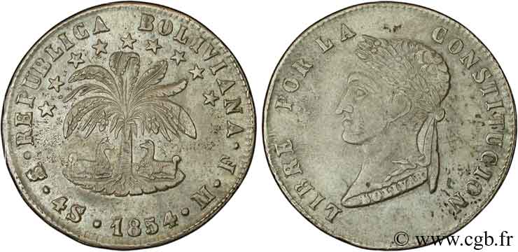 BOLIVIA 4 Soles portrait de Bolivar lauré / lamas sous palmier 1854 Potosi AU 