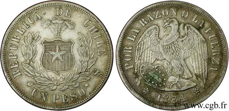 CILE 1 Peso condor 1874 Santiago  BB 