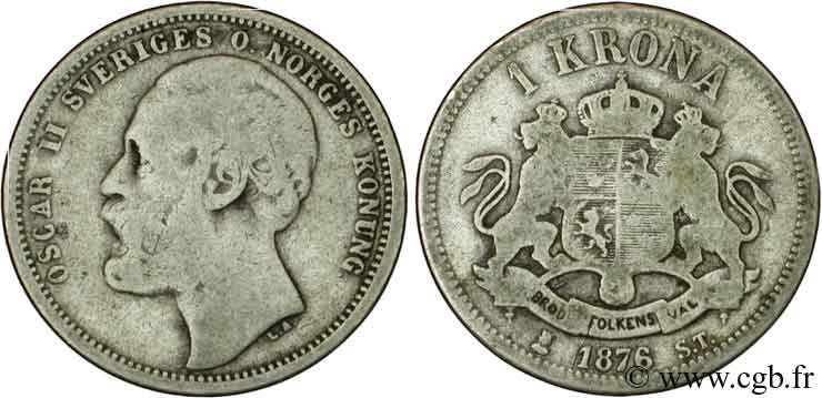 SUECIA 1 Krona Oscar II 1876  BC 