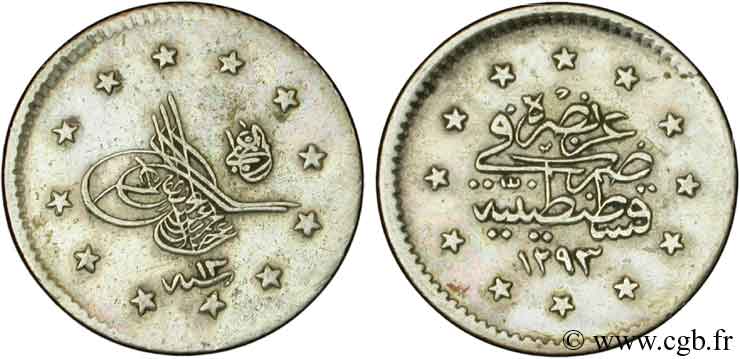 TÜRKEI 1 Kurush au nom de Abdul Hamid II an 1308 1890 Constantinople SS 
