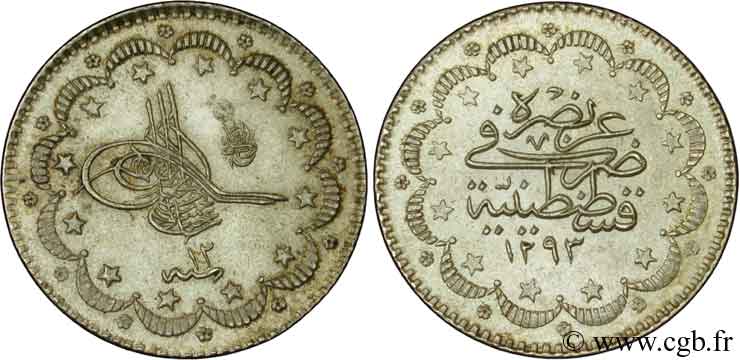 TÜRKEI 5 Kurush au nom de Abdul Hamid II an 1304 1886 Constantinople VZ 