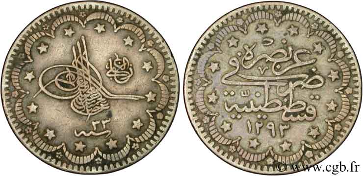 TURQUíA 5 Kurush au nom de Abdul Hamid II an 1325 1907 Constantinople MBC 
