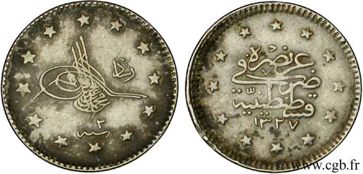 TURCHIA 1 Kurush Muhammad V an 1328 1910 Constantinople BB 
