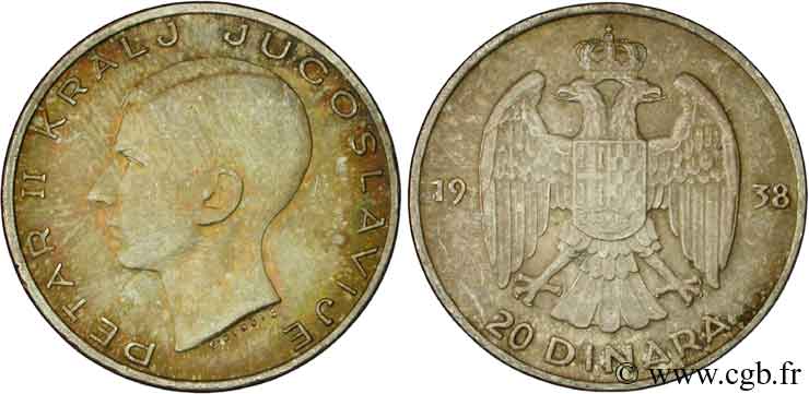 YUGOSLAVIA 20 Dinara Pierre II 1938  EBC 
