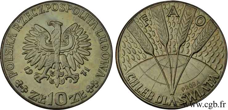 POLEN Essai 10 Zlotych FAO aigle / globe et épis de blé (type non adopté) 1971  fST 