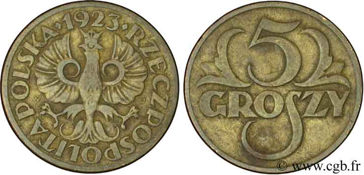 POLONIA 5 Groszy aigle 1923  BC+ 