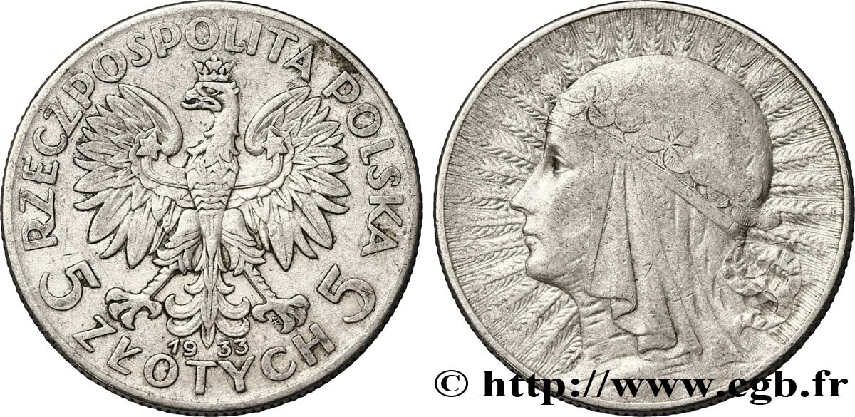 POLEN 5 Zlotych aigle / femme 1933 Varsovie S 