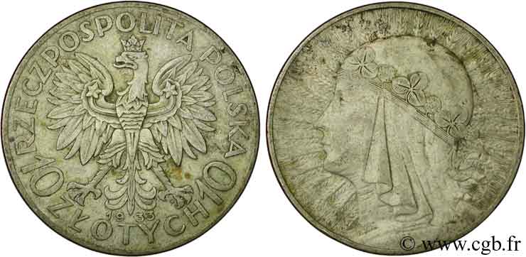POLONIA 10 Zlotych aigle / reine Jadwiga 1933 Varsovie BB 