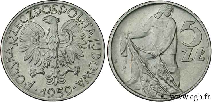 POLONIA 5 Zlotych aigle / pêcheur tirant un filet 1959  SPL 