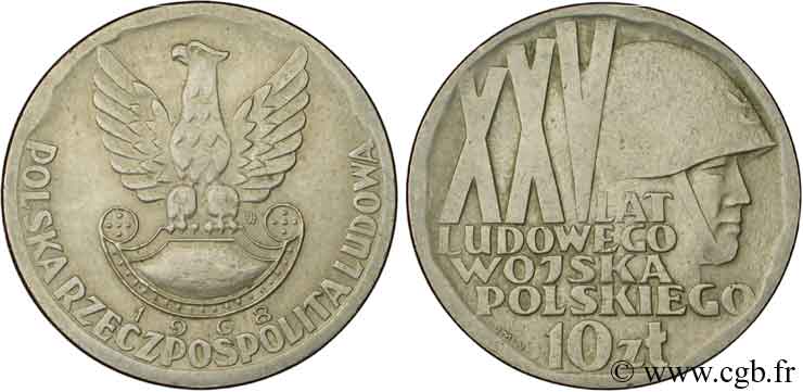 POLEN 10 Zlotych aigle / 25e anniversaire de la fondation de l’armée populaire 1968 Varsovie VZ 