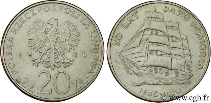 POLEN 20 Zlotych aigle / 50e anniversaire du navire-école Daru Pomorza 1980 Varsovie SS 